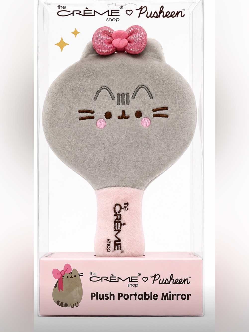 The crème shop Pusheen Plush Cat Portable Mirror- Gray with Pink Accents